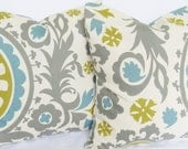 Throw Pillow Covers pair grey blue green natural suzani TWO 20x20  same fabric front / back FREE SHIP