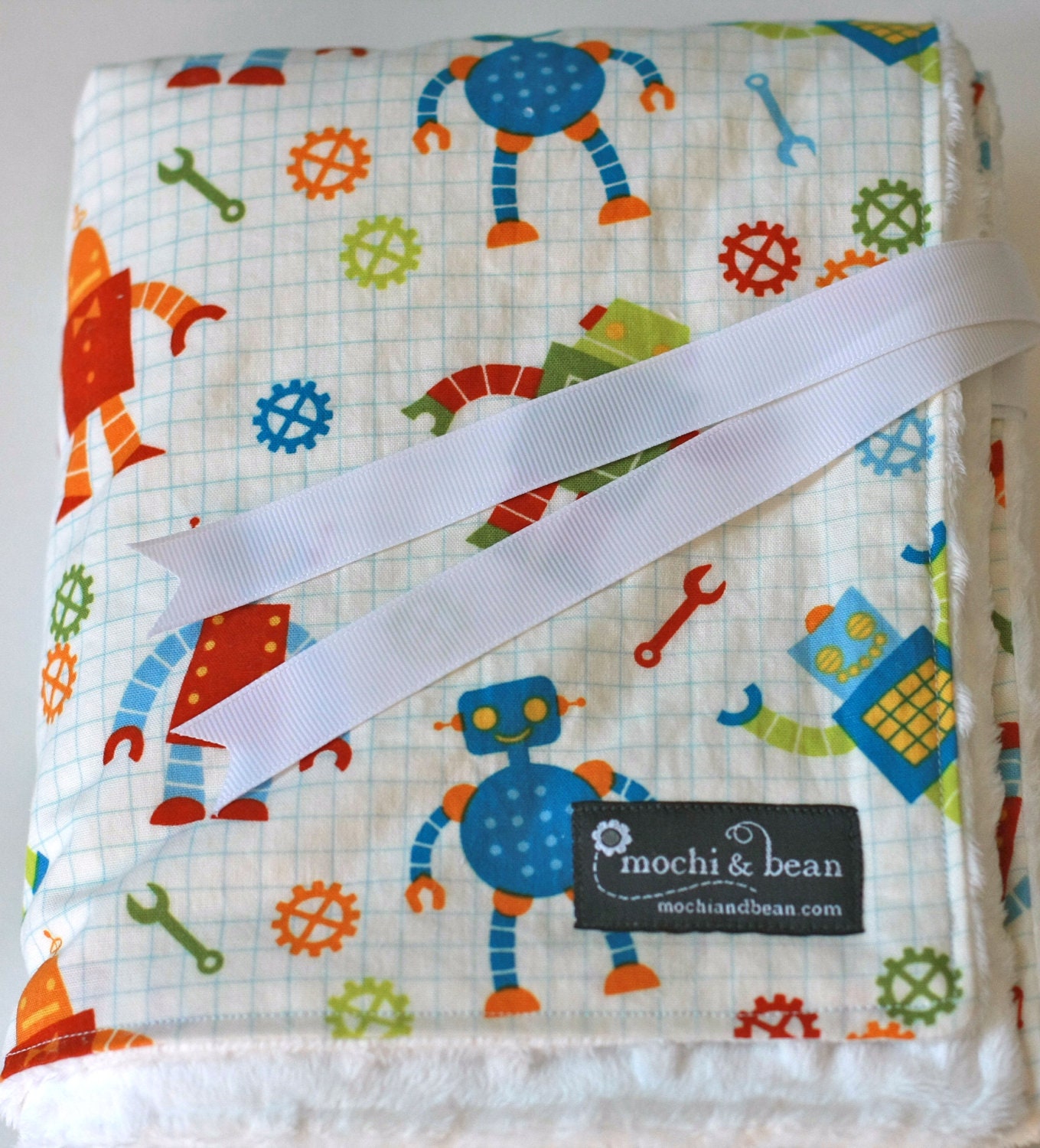 Organic Baby Blanket with Stroller Ties, Robot Factory in Multi by Caleb Gray and White Dot Minky