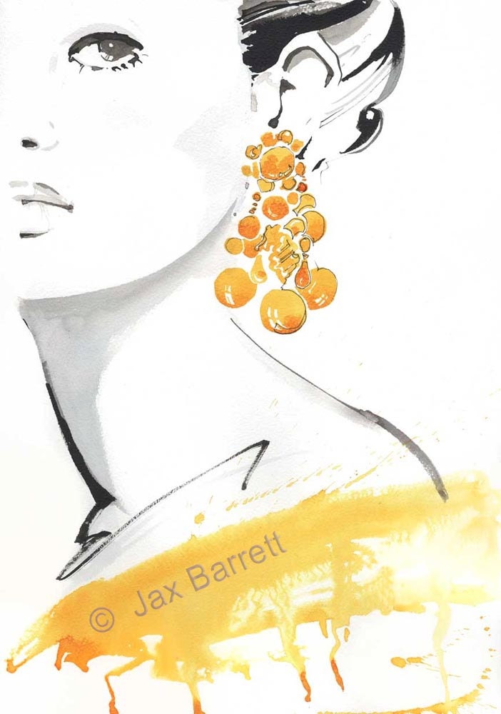 Yellow Bauble Earrings - Fashion Illustration Giclee Print by Jax Barrett with FREE shipping