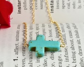 Turquoise Sideways Cross Necklace, 14K Gold Filled Chain,also  in Sterling Silver