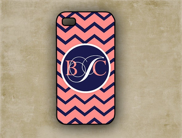 Monogram iPhone 4 cover - Monogrammed coral and navy chevron Iphone case - Iphone 5 case, Iphone 4 case plastic silicone rubber case (9812 )
