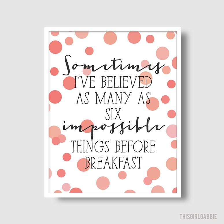 Six Impossible Things - Typography Print - 8x10 - Alice in Wonderland - Lewis Carroll - Pink - Coral - Confetti - Dots
