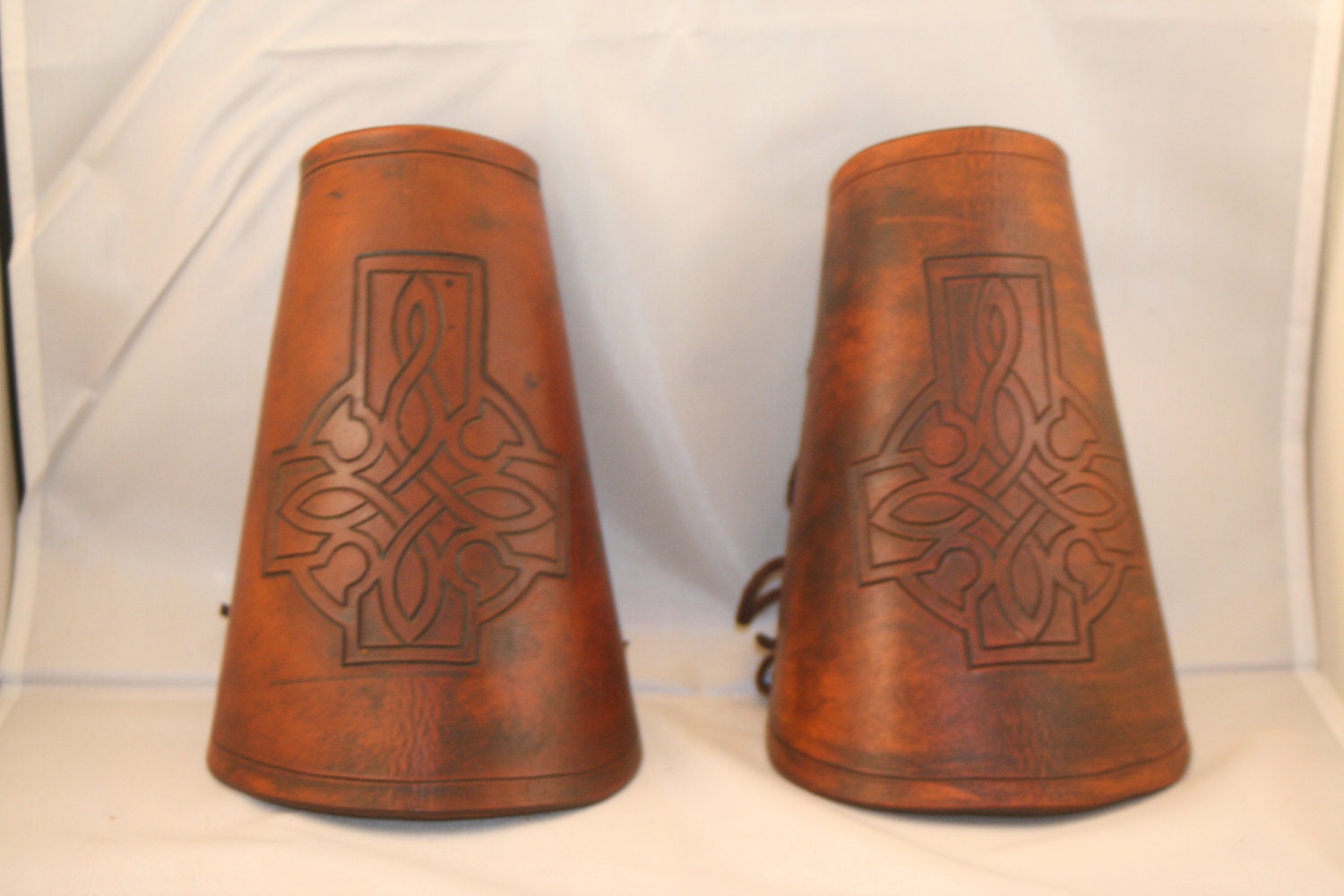 Leather Bracers w/ celtic cross carvings - Vampire Hunter