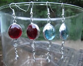 Stained glass earrings, Yellow, Ski-blue & Ruby Red glass bead decorative wire, dangle earrings, Treasury Item