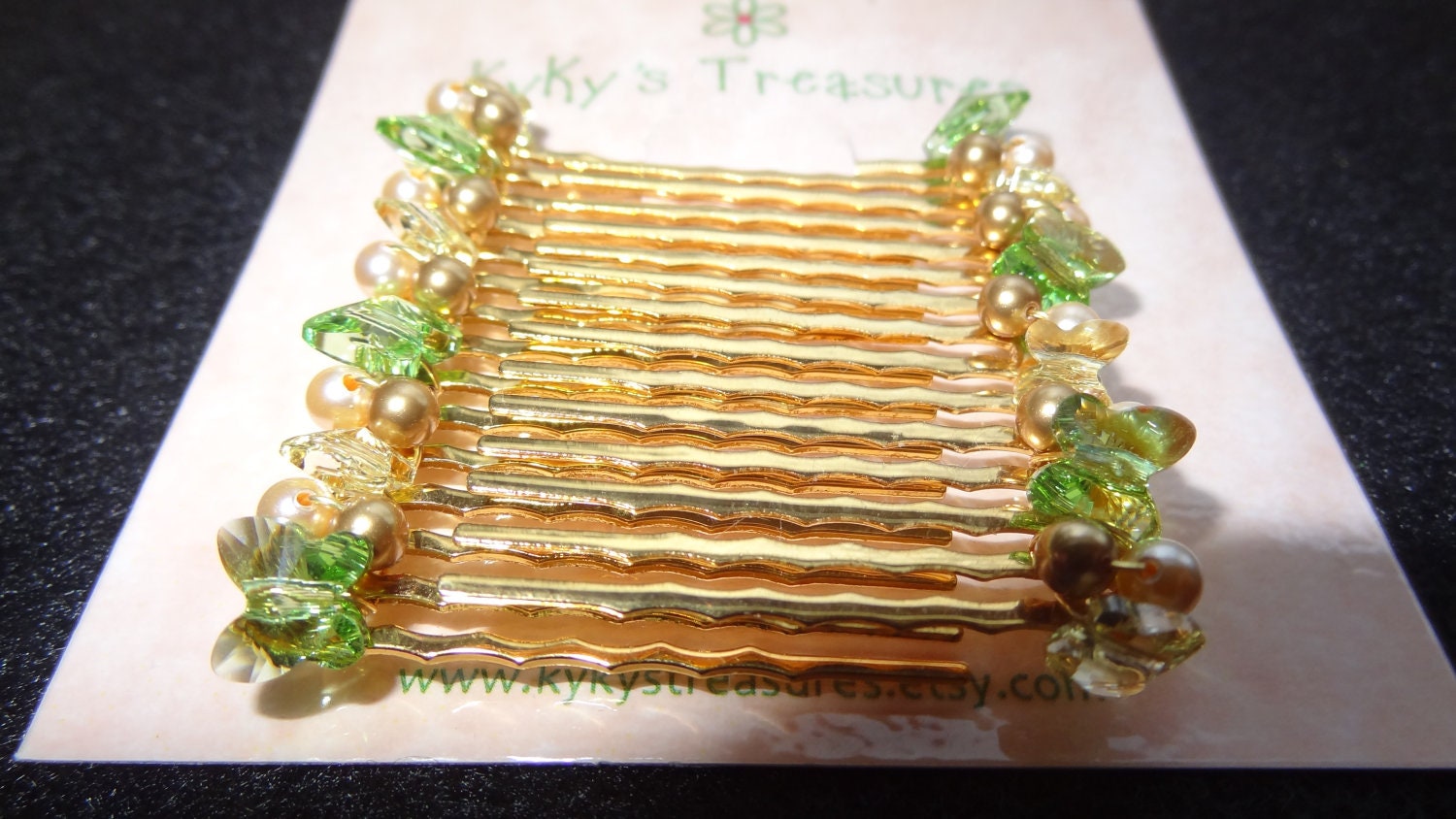 Gold Hair Comb Set with Peridot Swarovski Butterflies & Gold Swarovski Pearls - KyKysTreasures Gold Hair Comb Set with Peridot Swarovski Butterflies & Gold Swarovski Pearls - KyKysTreasures