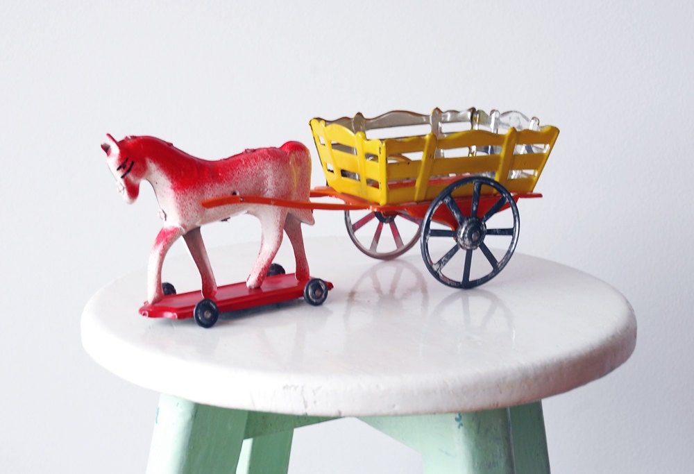 Vintage Horse and Carriage Tin Toy 1970s