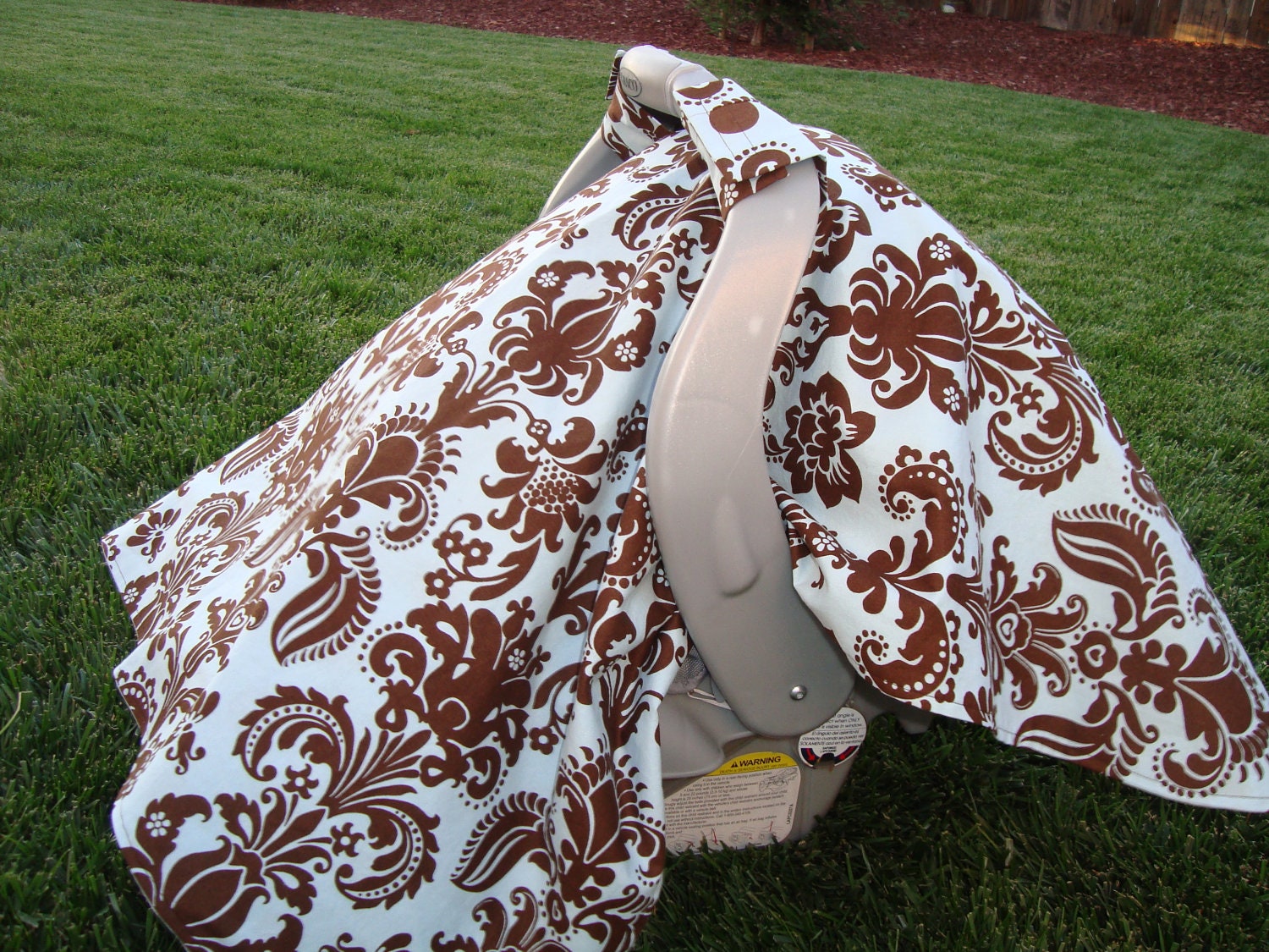 Car Seat Canopy - Blue and Brown Damask