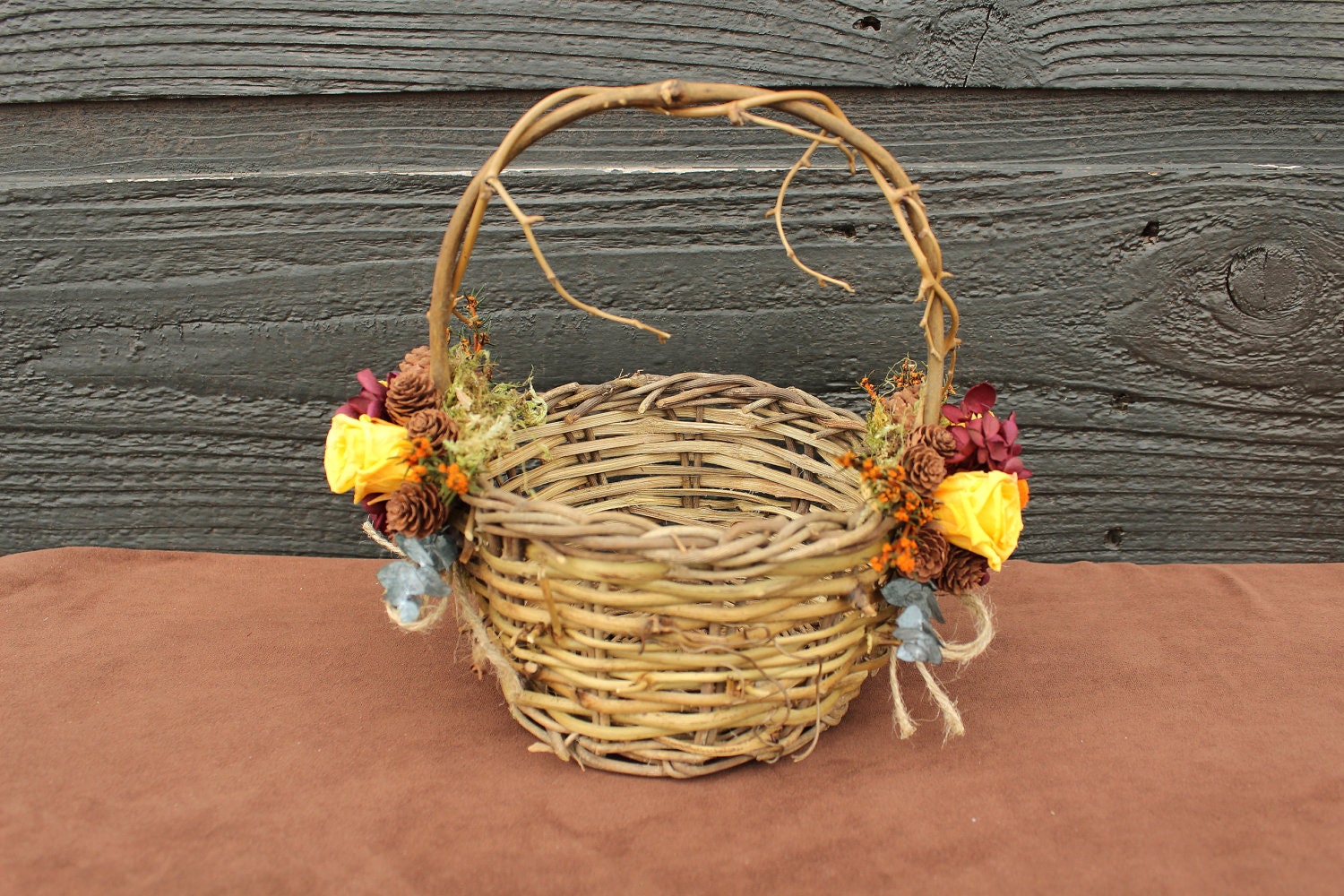 Fall Wedding Flower Girl Basket, Autumn Wedding, Woodland Wedding, Rustic Wedding with Preserved Yellow Roses and Foliage 133