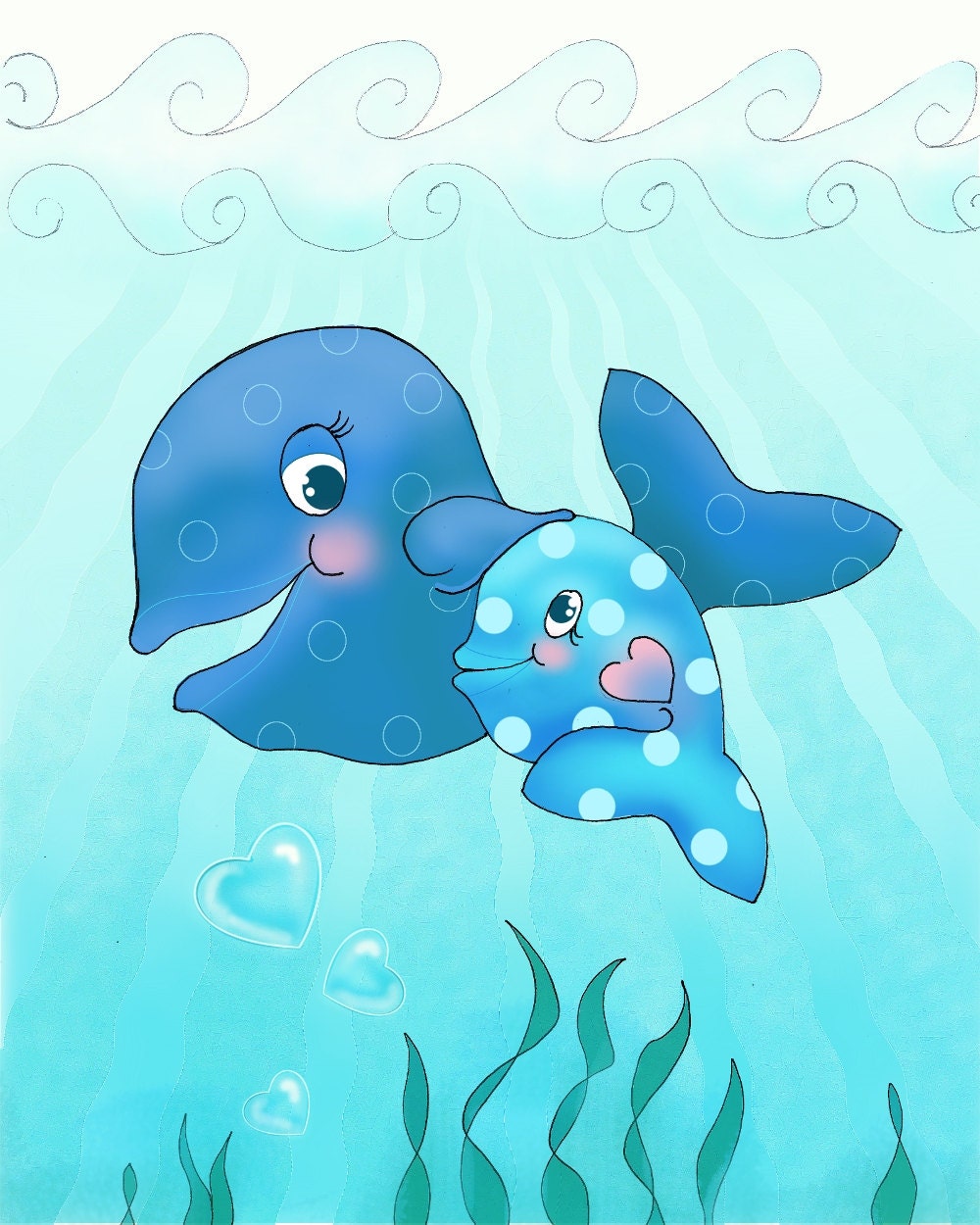 Nautical Blue Whales, Mommy and Me, Children decor, Aqua Nursery Art, 11x14 whimsical print