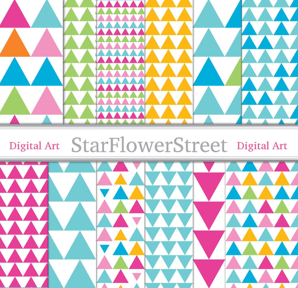 Instant Download - Triangle Digital Paper Scrapbook Background - geometric arrow triangles bright colors pink blue green photography 71