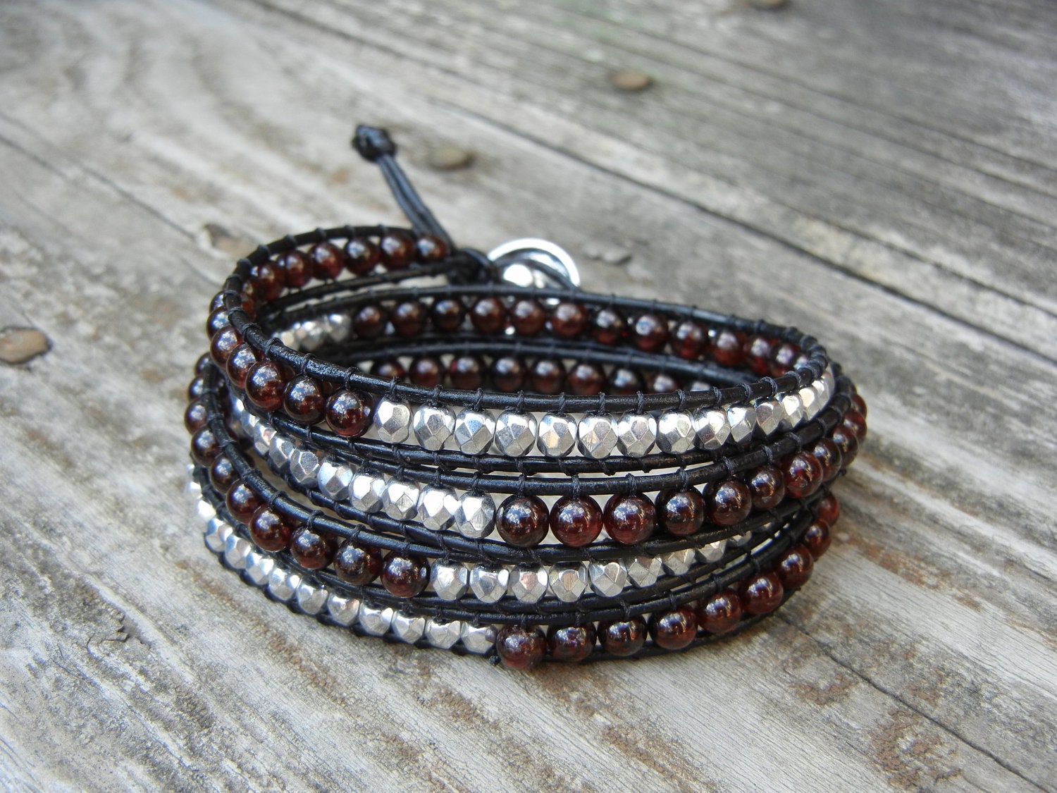 Beaded Leather 4 Wrap Bracelet with Garnet Red Stone and Silver Czech Glass Beads on Black Leather