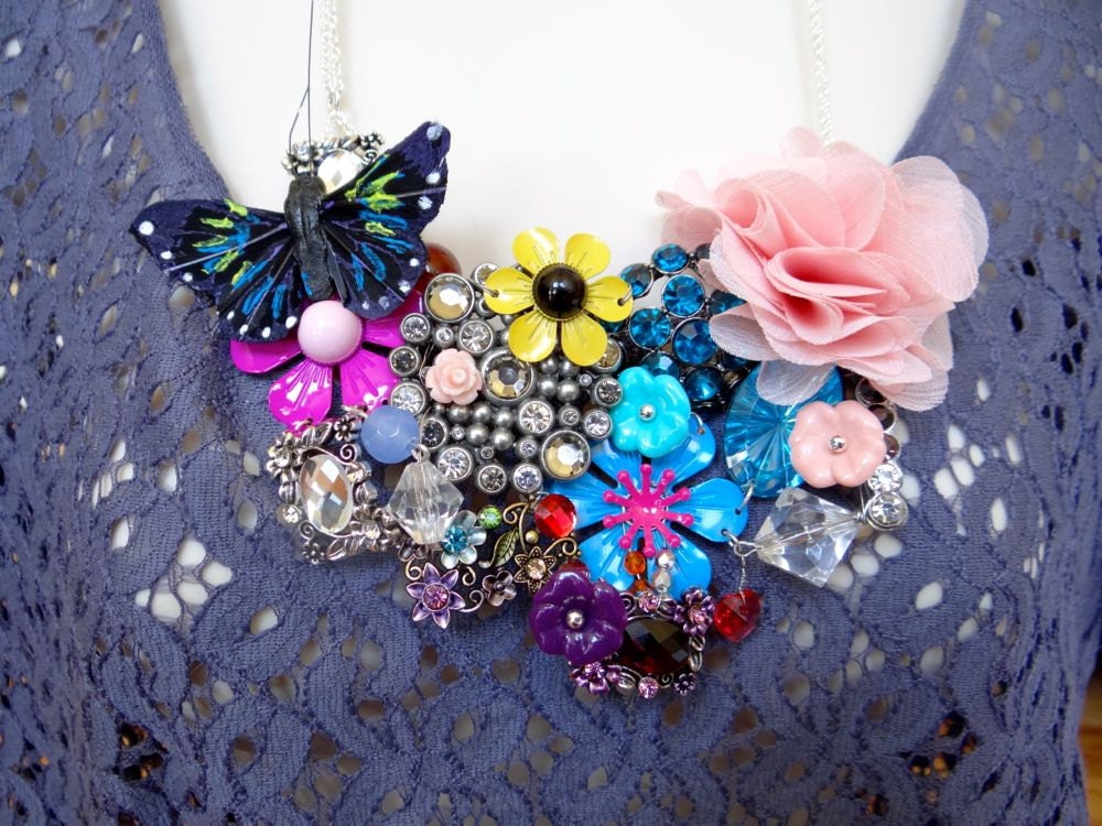 OOAK Flower Garden Brooch Necklace - Mixed Media Butterfly Necklace - Colorful Rhinestone Flower Necklace - Large Statement Necklace