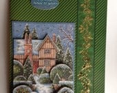 christmas card, from our house to yours,green and gold foiled card, house scene, decoupaged