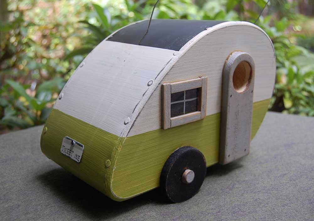 Birdhouse Trailer  - Tear Drop Bird house - green/white teardrop birdhouses