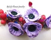 Poppy Polymer Clay Charm Beaded Bracelet "Lilac Poppies" with Natural Agate and Marganese beads
