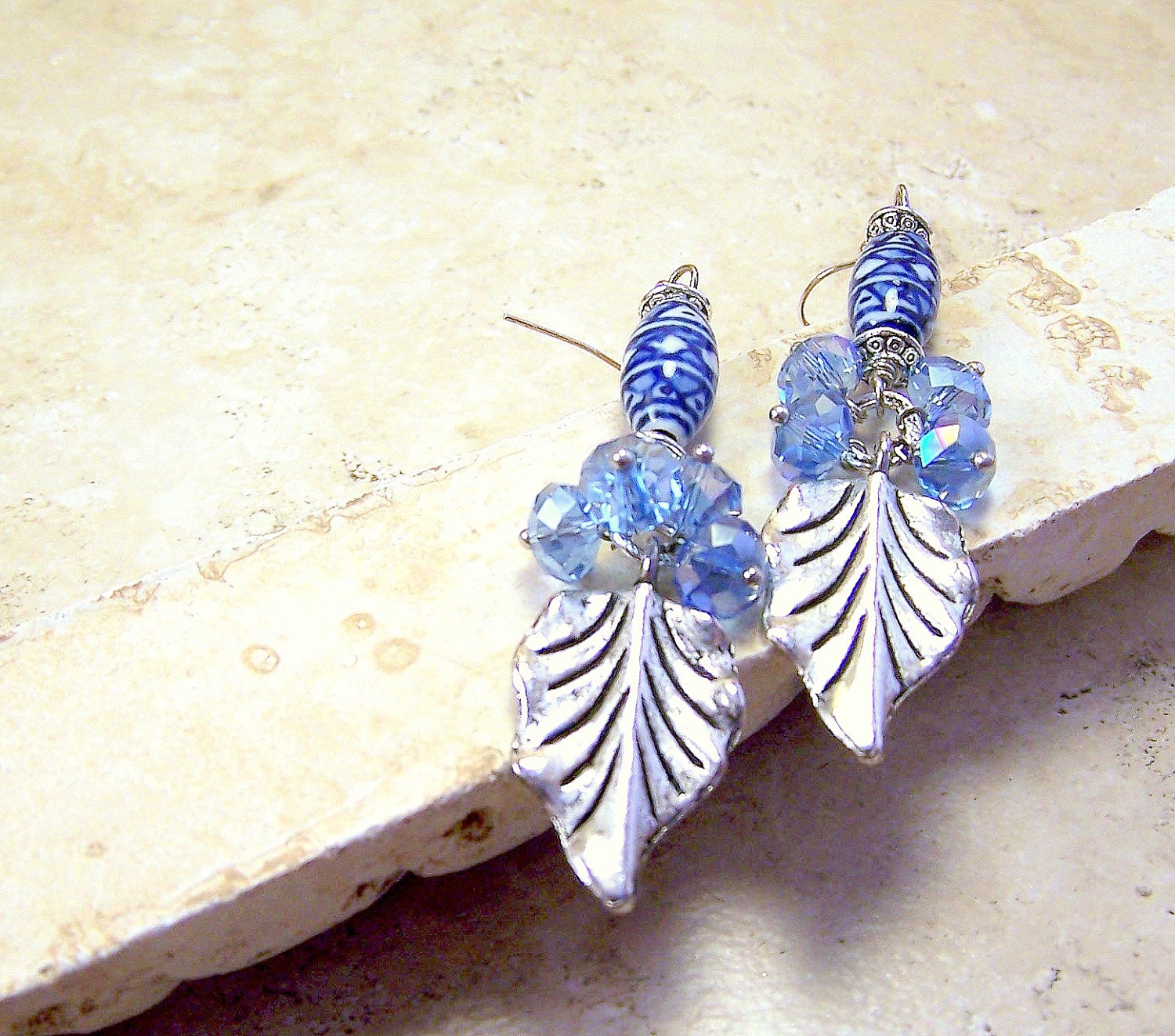 Earrings pierced womens jewelry blue white ceramic Bohemian gypsy dangle silver leaf denim blue Swarovski gems TAGT tenX