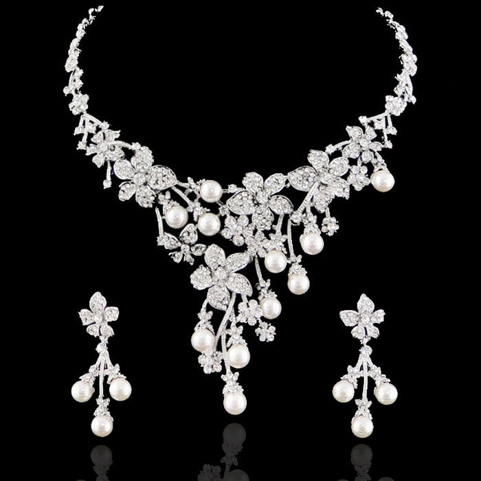 Wedding Swarovski Crystal Orchid Flower Rhinestone Imitation Pearl Dangle Drop Necklace Earring Set, Bridal Jewelry Bridesmaid-118021239