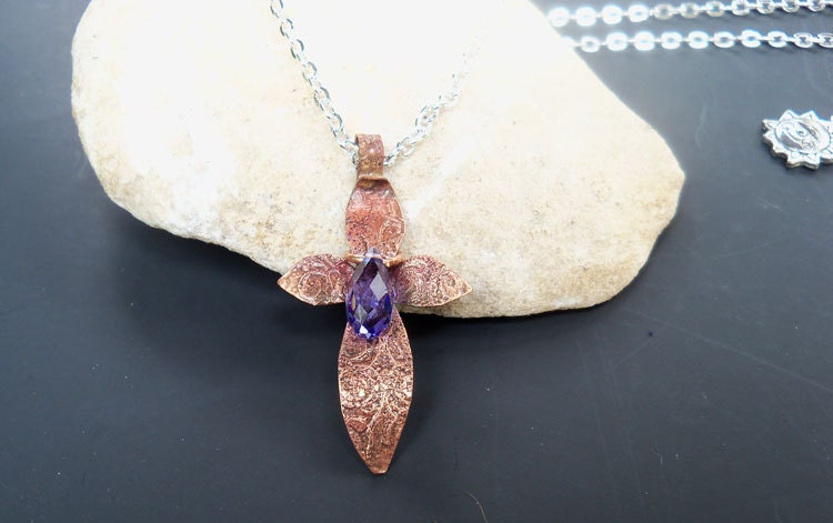 Copper cross, copper, cross, etched copper, etched cross, purple, briolet crystal, necklace