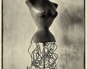 Belladonna 2.  11X14 fine art photograph, black and white print, antique feel, antique mannequin, woman, sepia tone, retro look