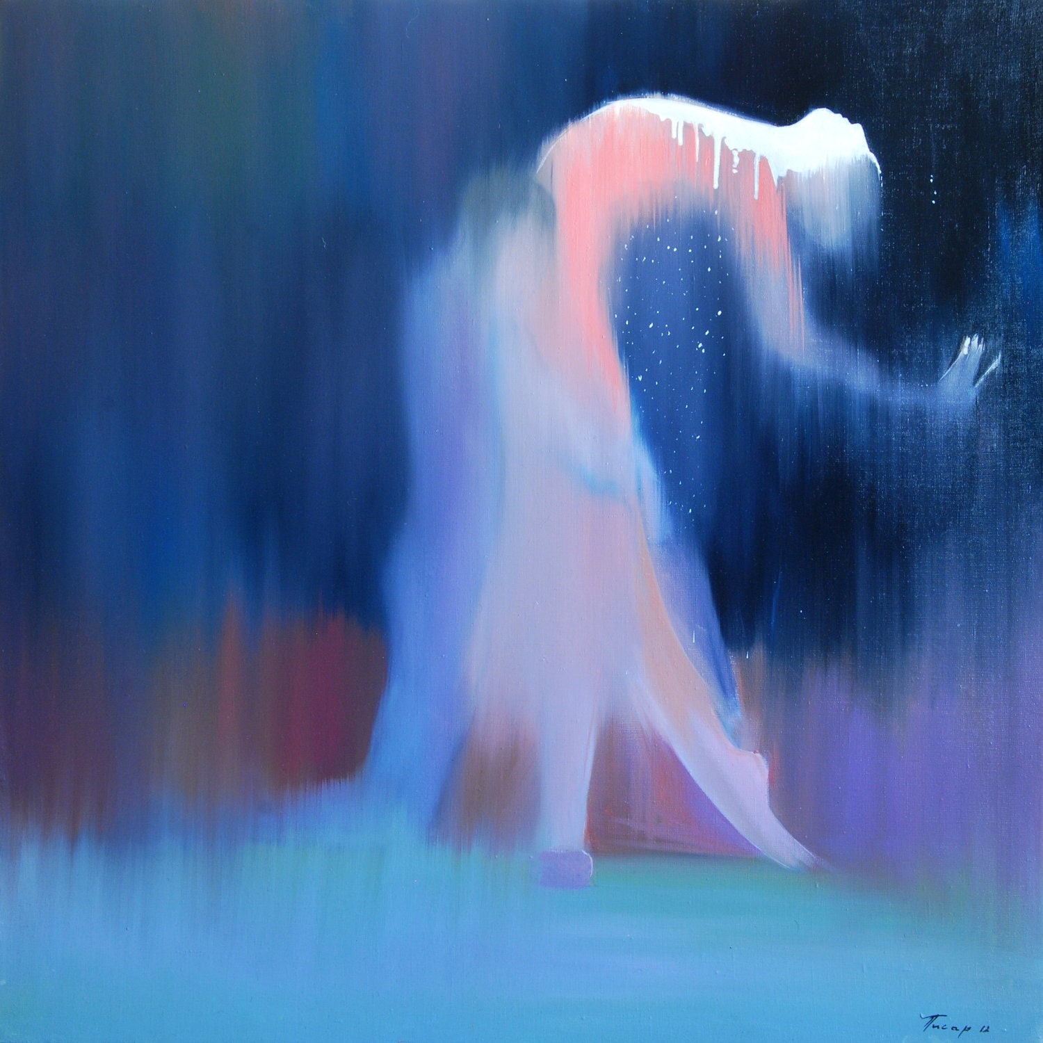 Big Abstract Ballet Oil Painting - Ballerina Couple Love Blue Dark Blue Canvas Art by Yuri Pysar