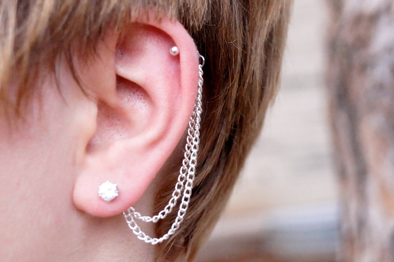 Double Cartilage Chain on Earring Backs - Silver