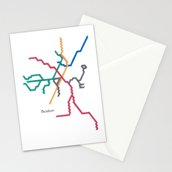 Colorful Art Stationery - Boston Subway: The T - Boston, Greeting Card, Subways, Notecard, Art Stationery, Original artwork