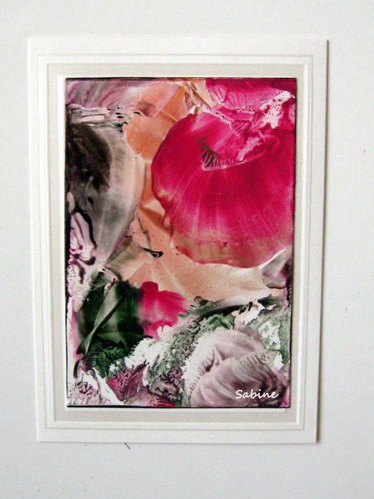 ORIGINAL  Encaustic Art Card Red Floral semi Abstract 5"x7"CANCER RESEARCH Donation  StudioSabine