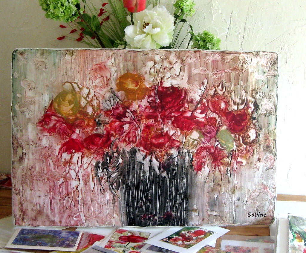 Red Roses in black Vase  ENCAUSTIC ORIGINAL  semi abstract floral  20"x30"   STUDIOSABINE