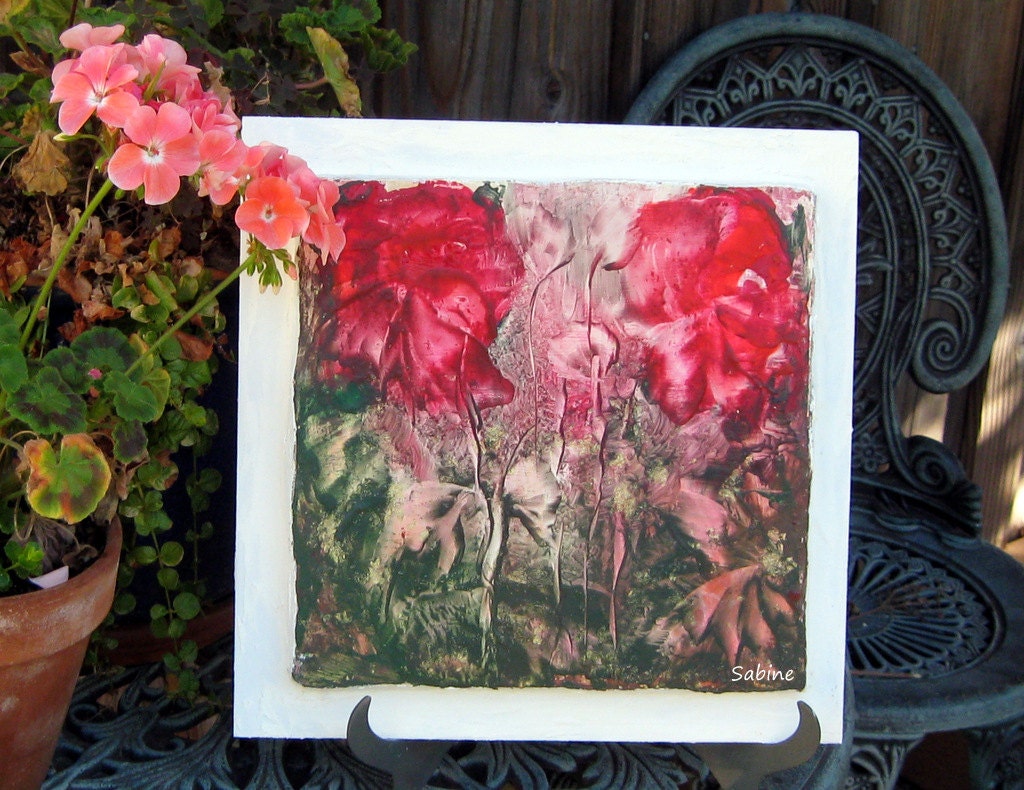 ENCAUSTIC ORIGINAL Red Flowers - semi abstract floral with Gold Leaf 12"x12"  STUDIOSABINE