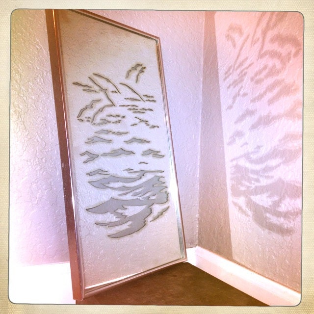 vintage etched mirror hanging seagulls ocean hollywood regency