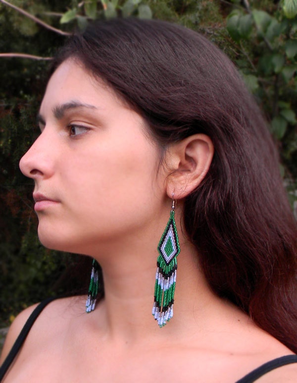Long Tribal / Boho Seed Bead Earrings in green and violet  tones - peyote earrings, beaded jewelry