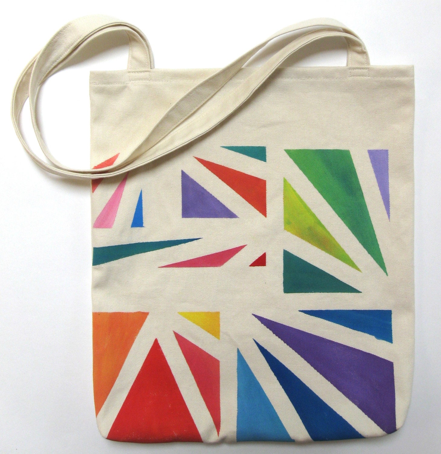 Hand Painted Tote Bag Eco Friendly / Reusable Shopping Bag / Grocery Bag / Carry All Rainbow Triangles Red Purple Orange Green Blue Yellow