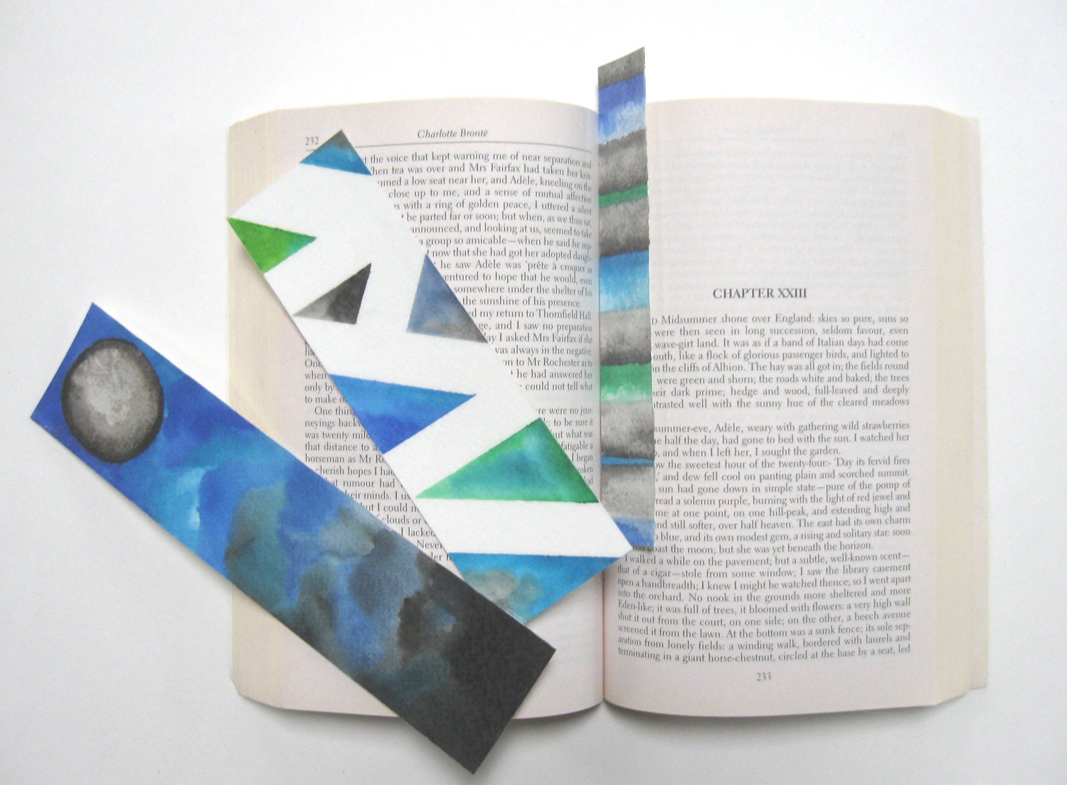 Original Art Bookmarks (Set of 3) OOAK Watercolor Bookmark Gift Holiday Stocking Stuffer Blue Green Black Geometry Triangles Moon Stripes