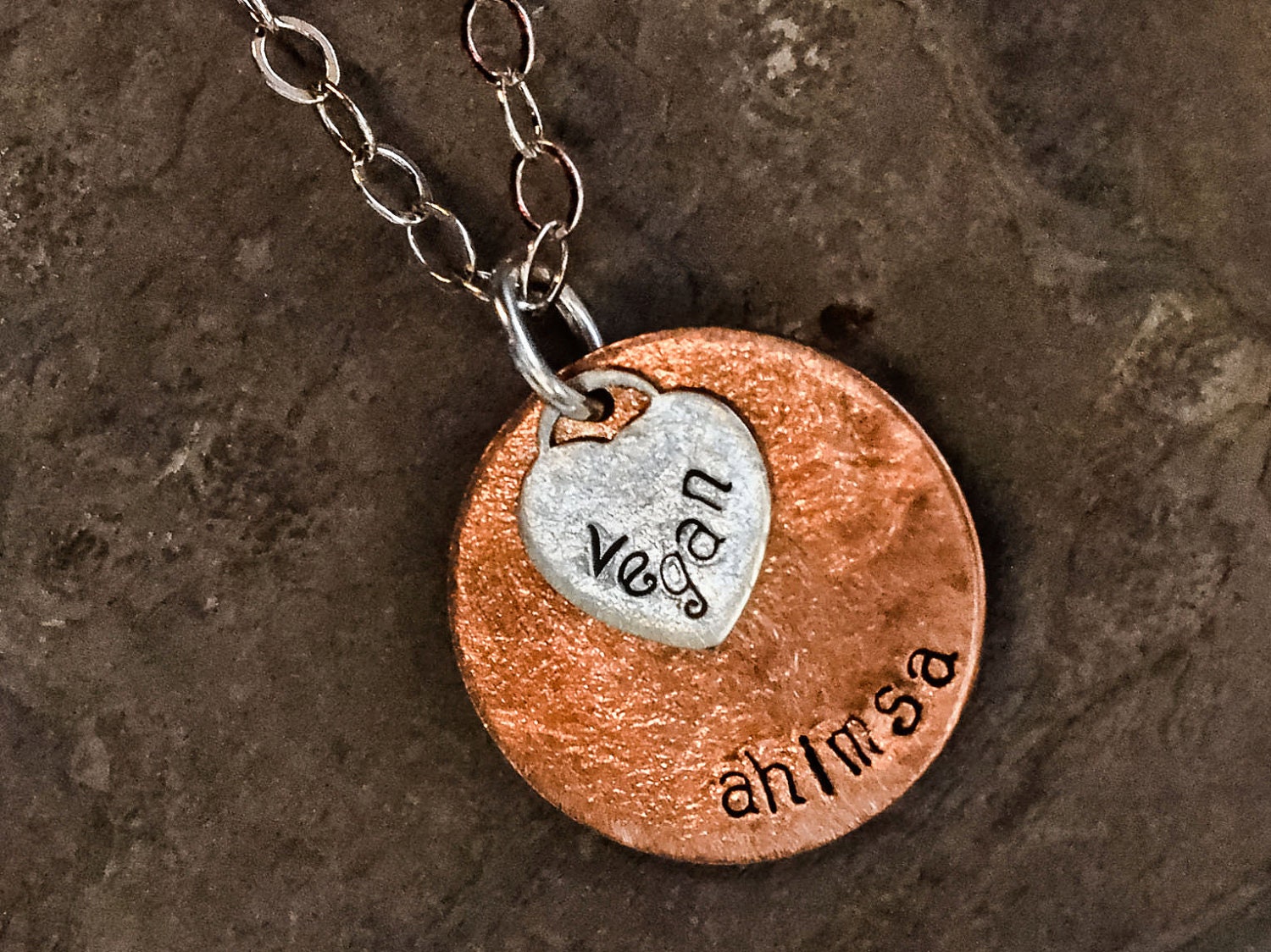 Hand Stamped Vegan Recycled Sterling Silver Heart on Textured Copper Disc Ahimsa Necklace on 16" Sterling Chain, Yoga, Eco-Friendly Jewelry