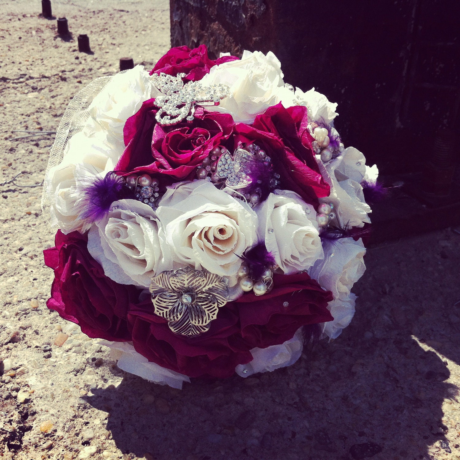 DEPOSIT  for BURGUNDY & IVORY paper flowers wedding bouquet medium size
