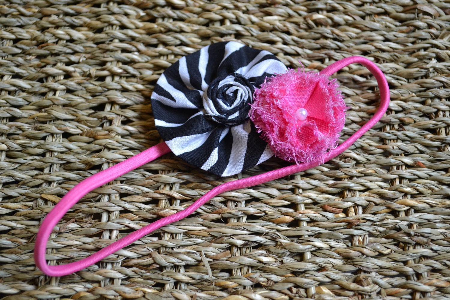 Zebra and Hot Pink Fabric Ruffle / Box Bud Combo - Headband