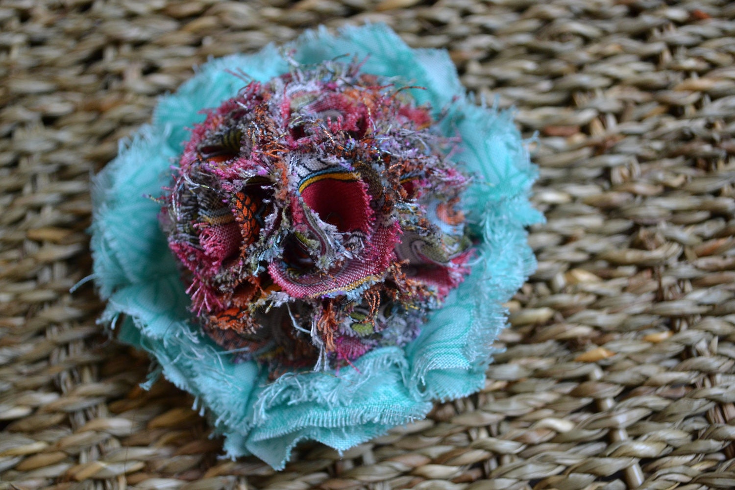 Frayed and Stacked, Aqua and Red Fabric Spiral Puff - Alligator Clip