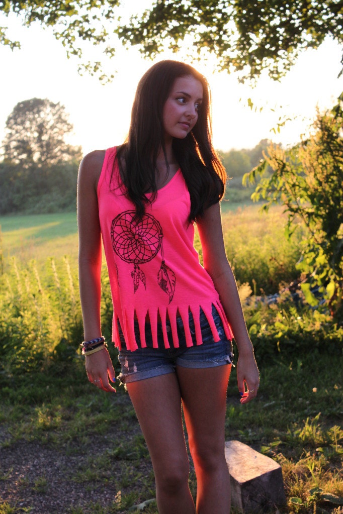 Dream Catcher Fringe Tank in Neon Pink