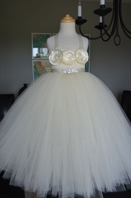 Ivory Flower Girl Tutu Dress with Hand Singed Flowers and Rhinestone Belt - NB to 4T - Perfect for Weddings and Special Occasions