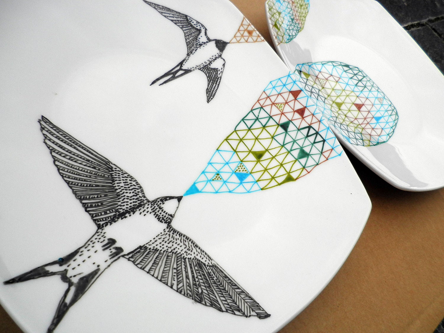 Swallows Geometric Design Plates hand illustrated porcelain
