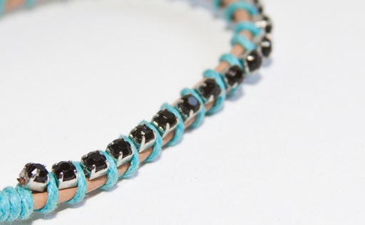 Black Rhinestone Chain and Blue Wrap Bracelet