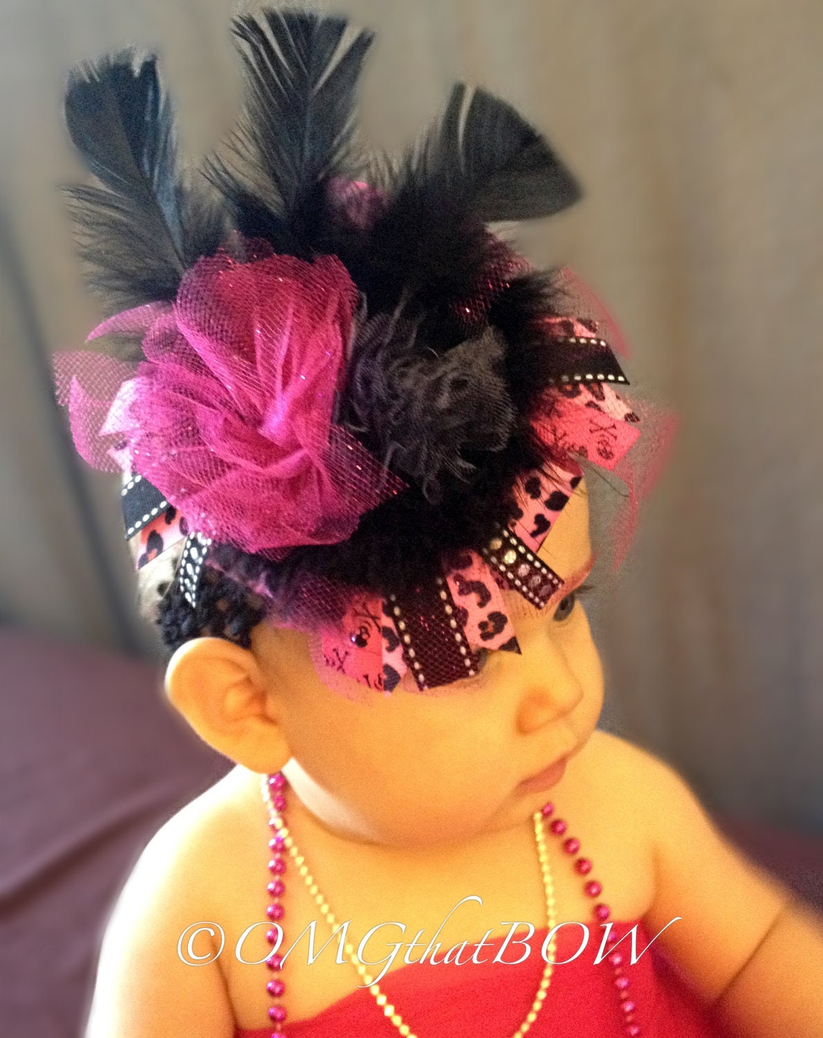 OMG that Over the Top-Rockstar Baby-Baby headband-Flower headband-Feather Headband-Large Boutique Hair Bow