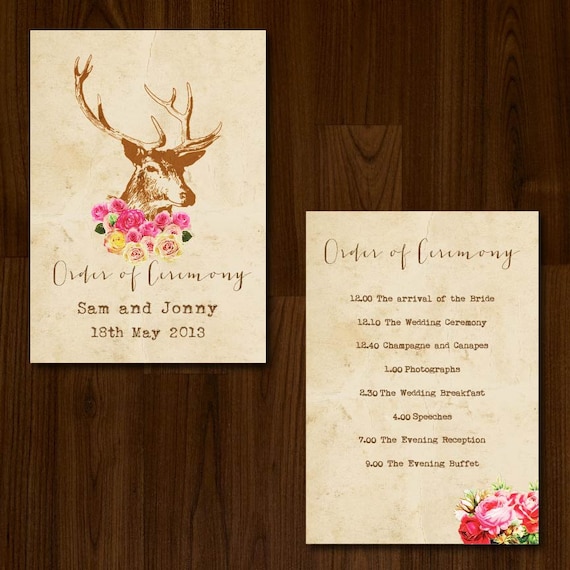 Vintage Rustic Antlers Floral Professionally Printed Wedding Order of Service/Ceremony Program Il_570xn