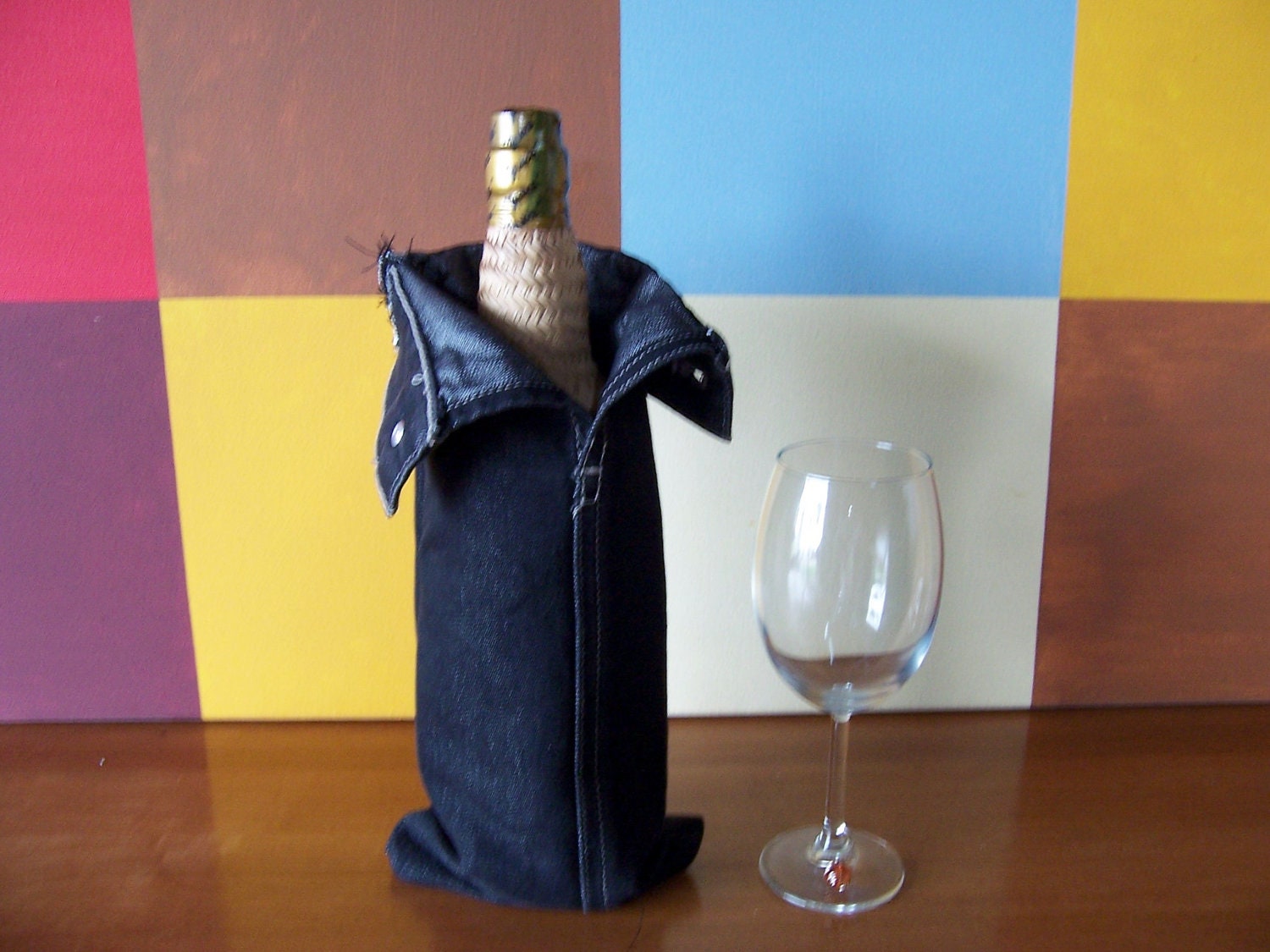 Unique Wine Bottle Gift Bag Upcycled Recycled Denim Jean Jacket Fabric