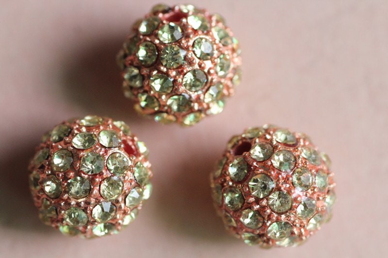 12mm 10pcs gold alloy with light green rhinestone shamballa beads,pave disco ball bracelet beads