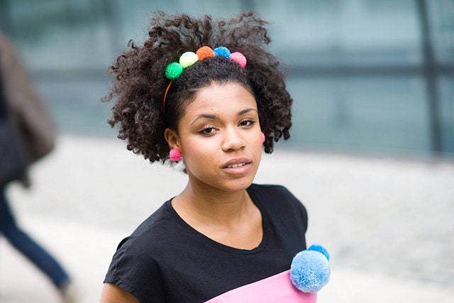 handmade orange headband with pompoms flurescent neon, pom pom, pompon by bimabejbe