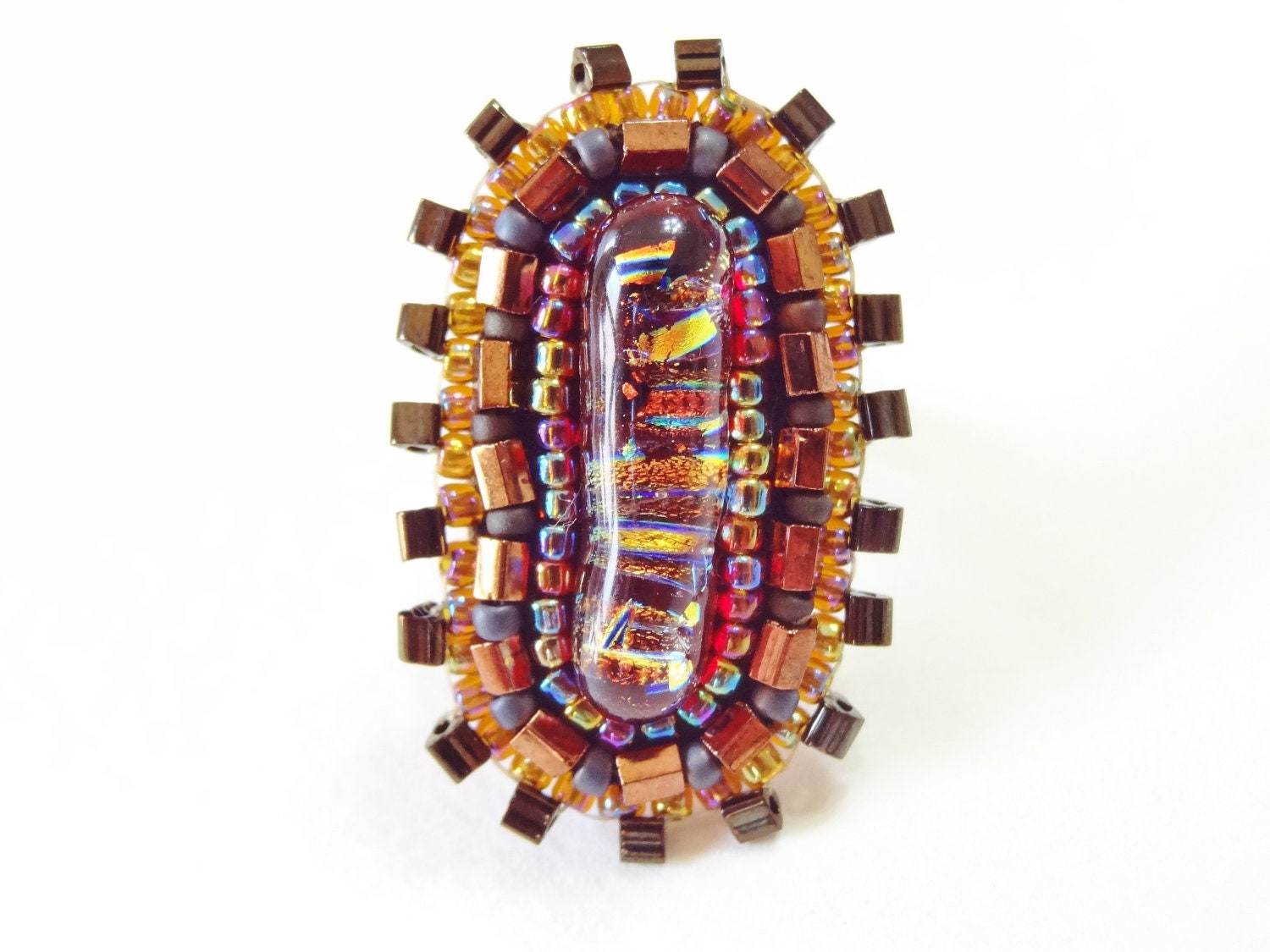 40% OFF SALE - Showstopper: Bead embroidered cocktail ring with dichroic glass cabochon and seed beads