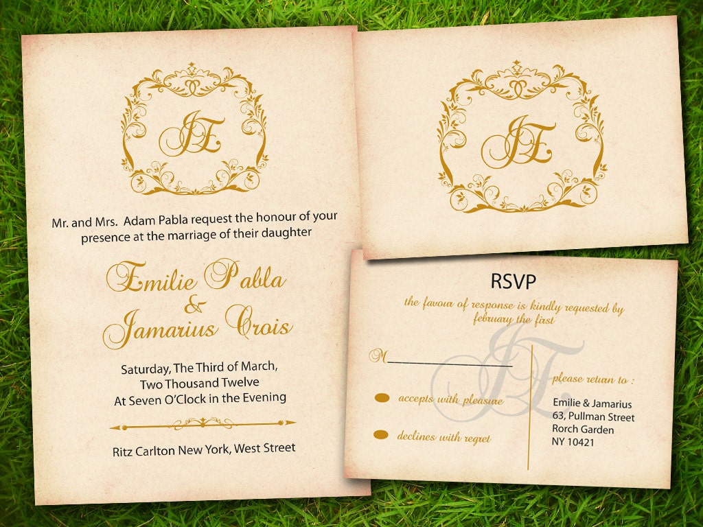 Vintage Victorian Damask Classic Gold Brown Customizable Wedding Invitation and RSVP Card Suite - Double Sided DIY Printable