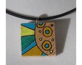 one of a kind Aqua blue, green and yellow, summertime colors, hand painted wood pendant, ooak