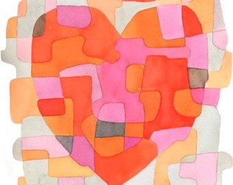 Heart Abstract Art Print Mid Century Modern print poster pink orange red gray 8 x 10